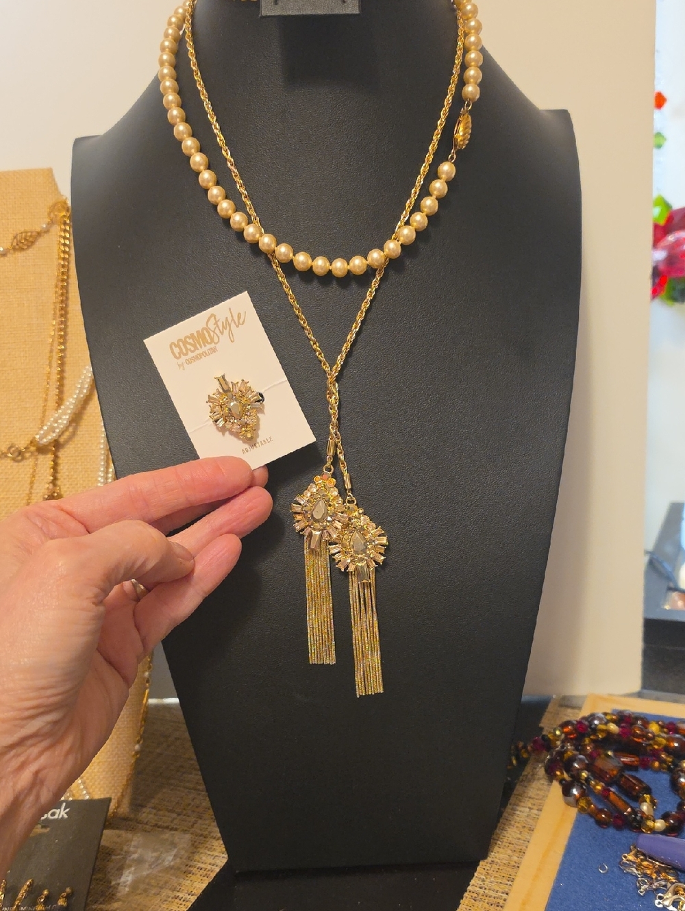 Cosmopolitan Gold Pearl Layered Pendant Necklace with Fringe Tassels